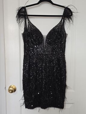 Gianni Bini Black Sequin Feather-Trim Mini Dress Size 3
